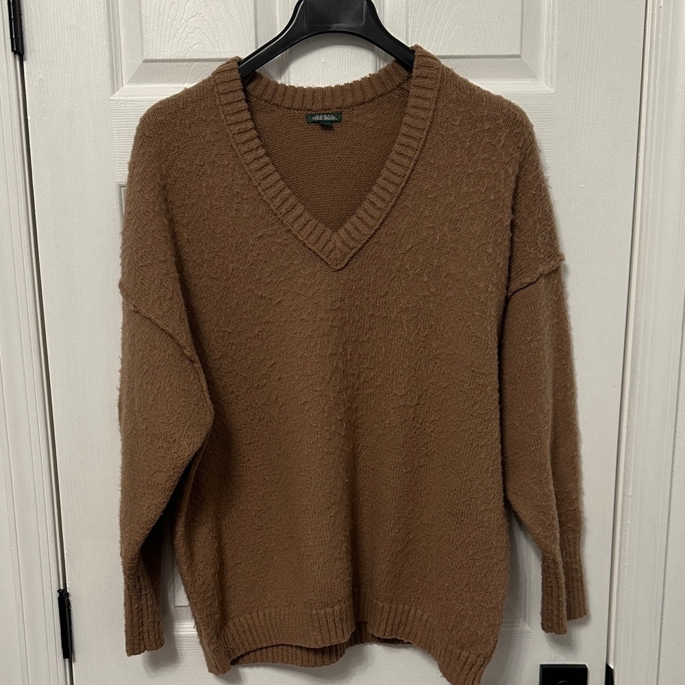 Brown V-Neck Fuzzy Sweater
